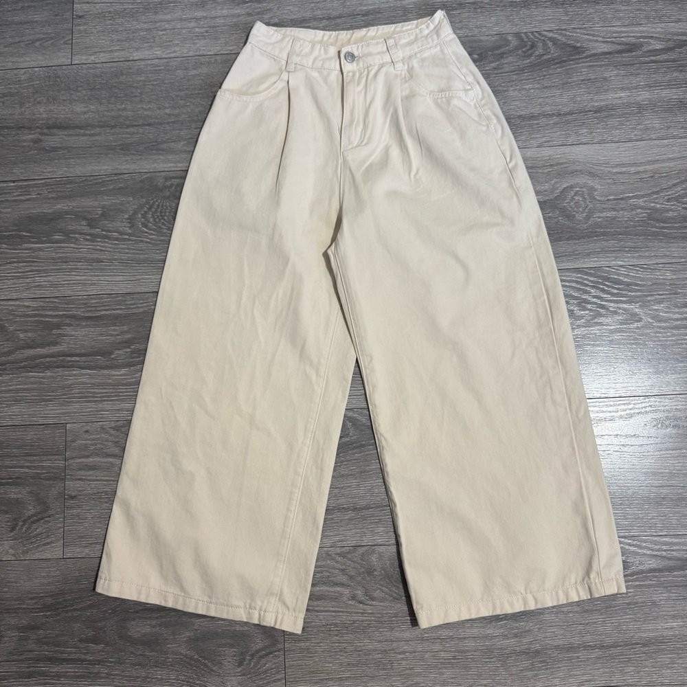 Wide-Leg Boho Women Cream Casual Pleated High Rise Pants Size M Front Pockets